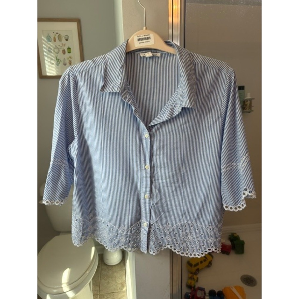 Beachlunchlounge Women's L Blue White Striped Eyelet Embroidered Button Down Top